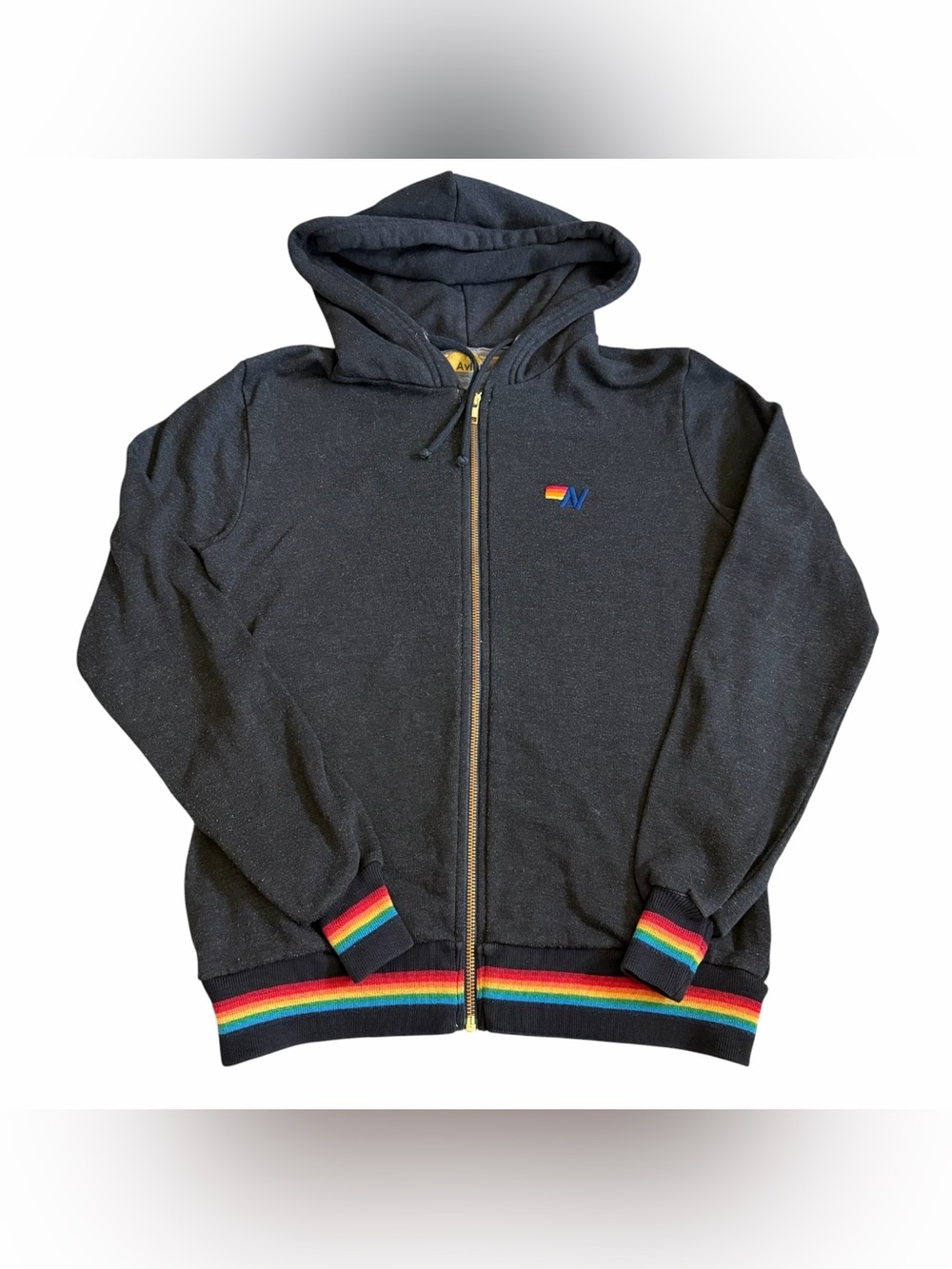 Aviator Nation Rainbow Stripe Cuff Hoodie Sweatshirt Adult Sz S Heather Grey GUC